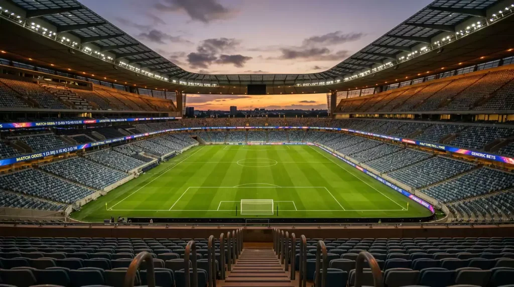 Football stadium with betting odds display boards showing World Cup 2026 markets
