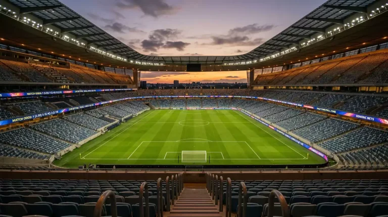 Football stadium with betting odds display boards showing World Cup 2026 markets