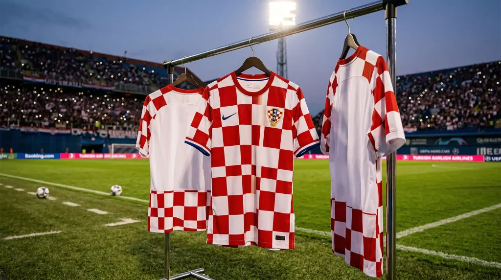 Croatia national team in checkered jerseys led by Luka Modrić