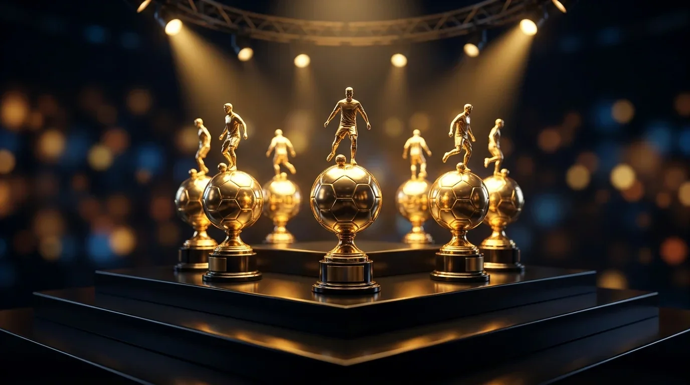 The World Cup 2026 individual awards on a podium under stadium lights