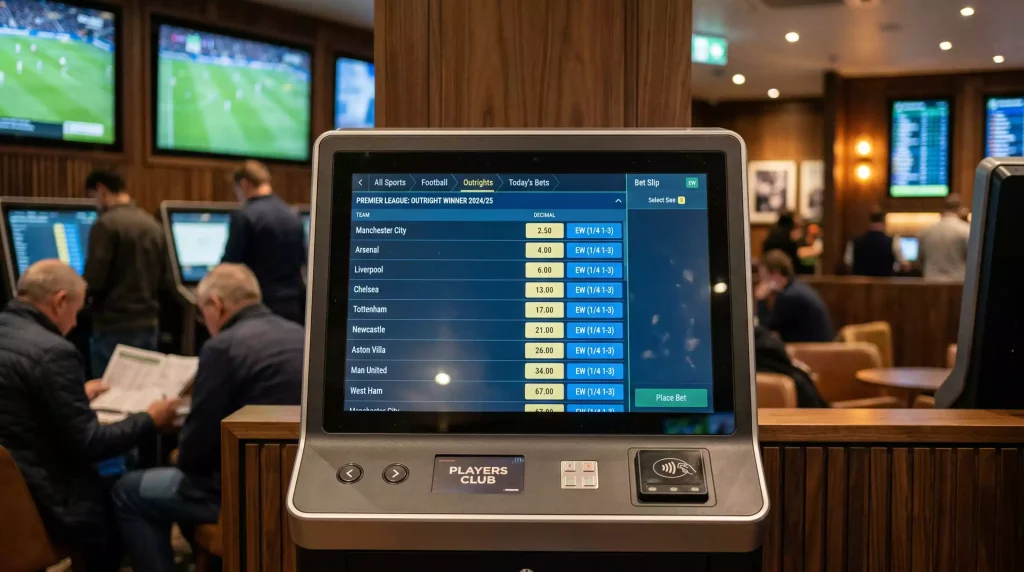 Football betting terminal displaying each-way odds for World Cup 2026 outright winner market