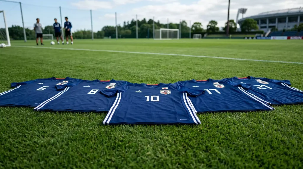 Japan national team in blue jerseys celebrating 2022 World Cup group stage victories