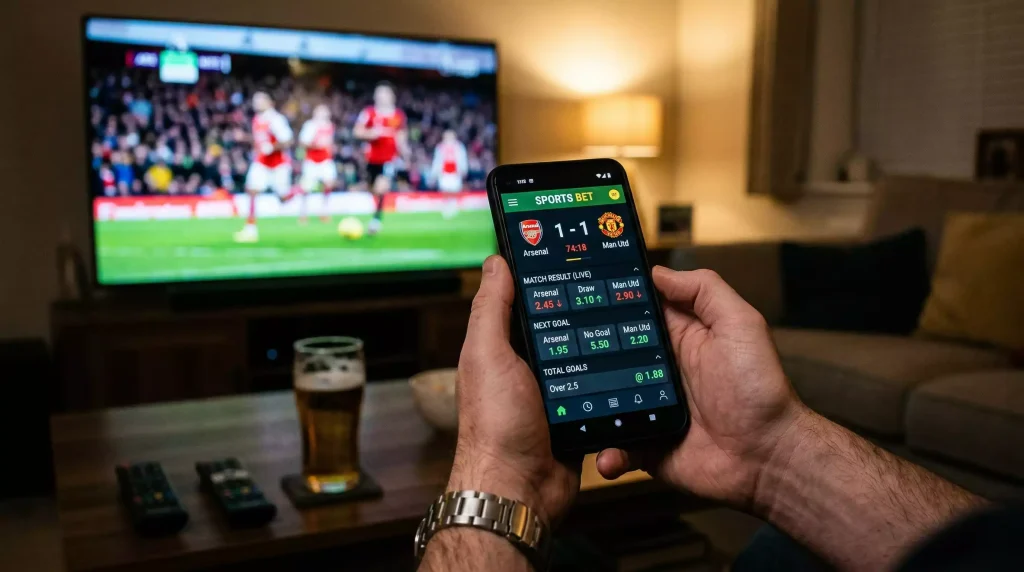 Mobile phone displaying live World Cup betting odds with match action on television screen in background