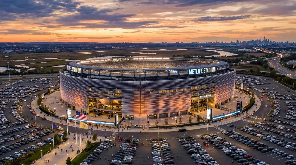 MetLife Stadium exterior view showing the venue that will host the 2026 FIFA World Cup Final in East Rutherford, New Jersey