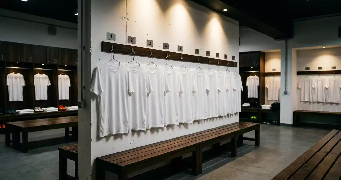 A football changing room with generic white jerseys hung in a row under bright lights