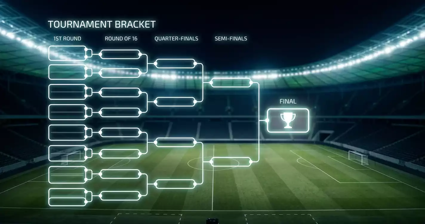 A tournament knockout bracket graphic overlaid on a football pitch under floodlights