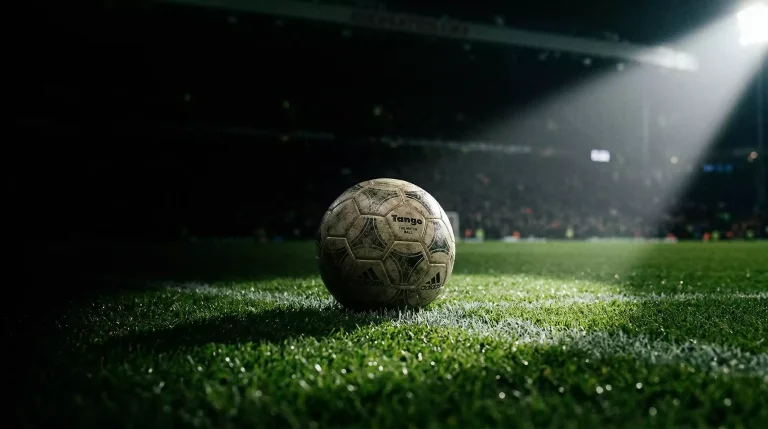 Silhouette of football player emerging from shadows with World Cup trophy illuminated in background