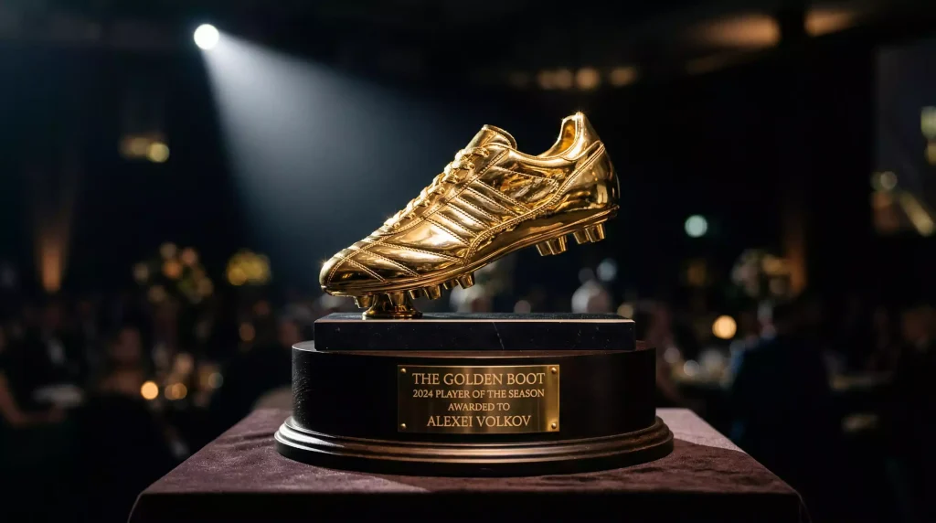 Golden football boot trophy against World Cup 2026 tournament background with top scorer statistics