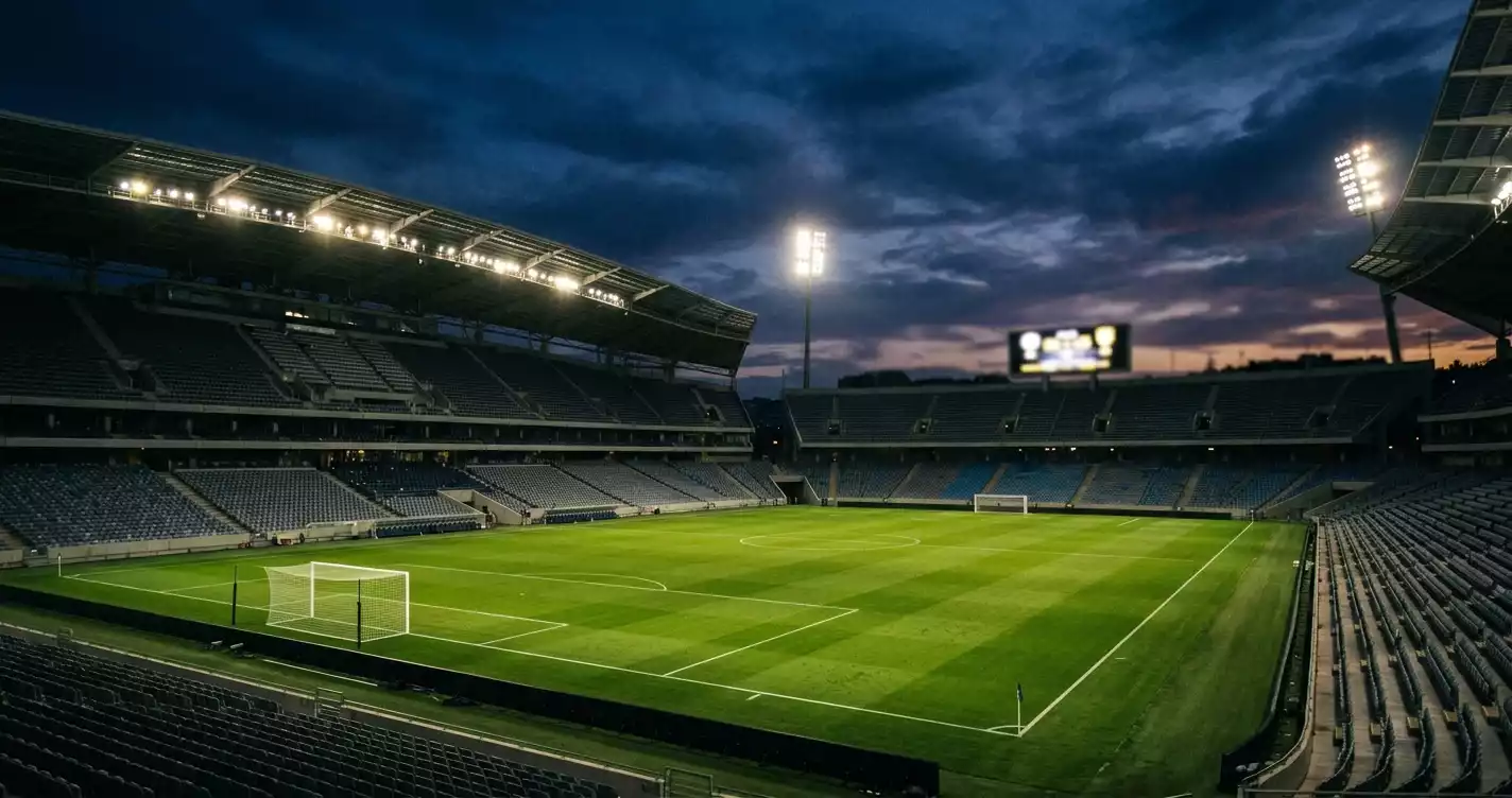 Empty World Cup stadium at dusk with floodlights on after a match, scoreboard glowing